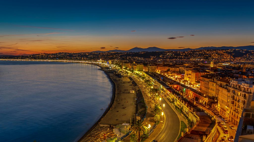The Promenade des Anglais in Nice at dusk